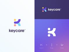 the logo for key care is shown in three different colors and styles, including blue, purple