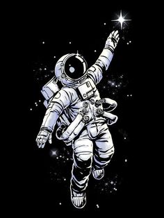 an astronaut floating in the air with his hand up