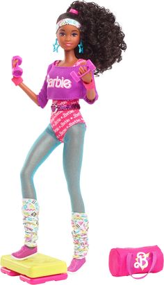 the barbie doll is standing on her skateboard and holding a cell phone in one hand