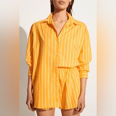 Brand New. Beautiful Yellow Orange “Citrus” Color Orange Long Sleeve Shirt For Beach, Striped Shirt For Spring Loungewear, Spring Striped Loungewear Shirt, Spring Striped Shirt For Loungewear, Yellow Summer Tops For Loungewear, Yellow Long Sleeve Vacation Shirt, Summer Yellow Cotton Shirt, Yellow Cotton Summer Shirt, Summer Orange Shirt For Day Out