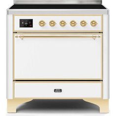 a white stove with gold trim and knobs on the front, against a white background