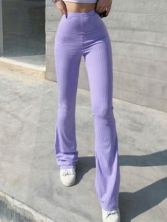 Unleash your inner fashionista in 'I Purple U' aesthetic flared bottom pants! by Bella Chix. These stylish bottoms hug your curves to let you show off your moves with a swingin' flare! Look sleek and chic, but still comfy and cool. Get ready to ROCK your look! Product Specifications Waist: High Waist Length: Full Length Fit: Skinny Fabric: Knitted Rib Fabric: 65% Cotton, 35%-Polyester Closure: Elastic Waist Bottom: Slight Flare Pants Kindly refer to the size chart (in cms) below, before placing E Girl Aesthetic, Ribbed Flares, Sports Sweatpants, Moda Streetwear, Streetwear Mode, Flared Leggings, Mode Streetwear, Bell Bottom, Blue Pants