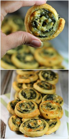 spinach and cheese pinwheels are being held up by a person's hand