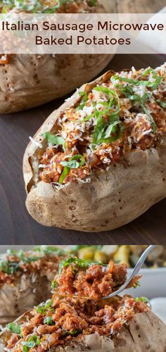 baked stuffed potatoes with italian sausage and mozzarella cheese on top are shown in three different views