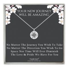 A GIFT WITH LOVE AND MEANING: Let her know just how much she means to you on her journey through life, with this meaningful Compass Necklace and keepsake card gift . On receiving this gift, she will know, every day, the special place in your heart reserved only for her. FOR MANY OCCAISONS: Graduation, new job, moving house, this lovely compass necklace will let her know you are always thinking of here and just how much she means to you. ONLY THE BEST QUALITY: This dainty compass pendant is made Decorated Gift Bags, Graduation Necklace, Cheap Necklaces, Neuer Job, Compass Pendant, Compass Necklace, Moving House, Card Gift, Necklace Sterling Silver