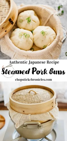 steamed pork buns in a basket with chopsticks on the side and an image of