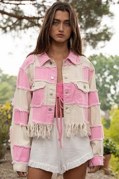 PINK FRINGE CROPPED JACKET - GET IT NOW!!!! READY FOR SUMMER WITH A CLOSET FULL OF HIPPIE VIBE TRIBE " let's get some fun things planned!!! Summer is almost here" !Let me DRESS you for a fun PARTY or a BRUNCH, or a night out with your MAN!!! #hippievibetribe #partygirl #hippie #fashion #lovesummer FREE gift with purchase!! Denim Patchwork Jacket, Studded Denim Jacket, Light Denim Jacket, Long Sleeve Denim Jacket, Patchwork Jacket, Cropped Denim Jacket, Jacket Long, Knit Sleeve, Pink Jacket