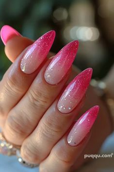 Pink Acrylic Ombre Nails, Glitter Ombré Almond Nails, Airbrush Ombre Nails, Baby Pink Ombre Nails, Burlesque Nails, Pink Birthday Nail Designs, Pink Glitter Nail Designs, Sparkle Ombre Nails, Vacation Nails Pink