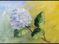 a painting of a blue and white hydrangea flower on a yellow background with green leaves