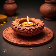 a lit candle sitting on top of a brown plate