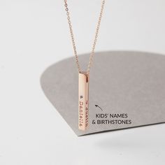 **PERSONALIZED NECKLACE FOR MOMS or GRANDMA WITH KIDS' NAMES & BIRTHSTONES, This necklace is a special gift for moms & grandmas. The 4-sided bar pendant can be personalized with one kid's name & birthstone on each side.  I T E M ∙ D E T A I L S * Material: Sterling silver * Finishing color: Silver, 18k Gold Plated or Rose Gold Plated. * Character limits: One name  + One birthstone per side * By default, silver items comes with BLACK engraving and gold-plated item comes with CLEAR engraving. * Di Adjustable Name Necklaces For Birthday, Adjustable Name Necklace For Birthday, Adjustable Name Charm Necklaces For Birthdays, Adjustable Birthday Necklaces With Names, Adjustable Birthday Necklace With Names, Customizable Adjustable Birthstone Necklace For Birthday, Adjustable Engraved Necklaces For Birthday, Customizable Adjustable Birthstone Necklace For Birthdays, Engraved Name Necklace Adjustable For Birthday