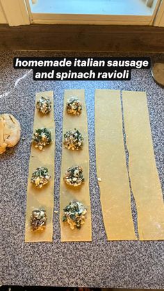 homemade italian sausage and spinach ravioli being prepared on the kitchen counter for cooking