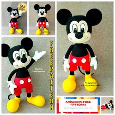 there is an image of a crocheted mickey mouse doll with different poses and expressions