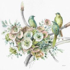 two birds sitting on a branch with flowers and leaves in their beaks canvas art print