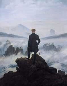 a painting of a man standing on top of a mountain looking at a dragon flying over him