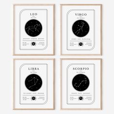 four framed zodiac signs in black and white