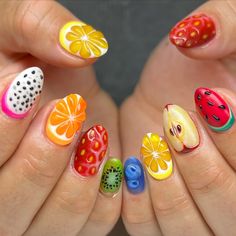 JMoneyNails | It wouldn’t be summer without at least one textured fruit set 🍓🍎🍉🍋🍊🥝���🫐 #nails #nailart #nyc #nycnails #handpainted #gelnails #brooklyn | Instagram Cute Fruit Nail Designs, Fruit Nail Designs Summer, Summer Fruit Nail Art, Fruits Nail Art, Fruit Summer Nails, Crazy Design Nails, Nail Designs Fruit