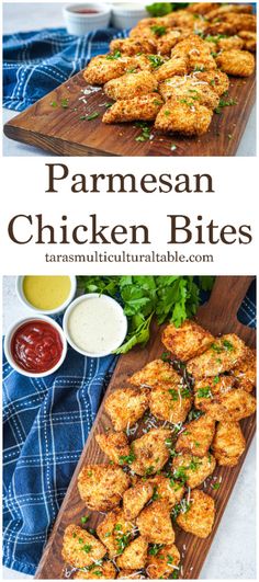 parmesan chicken bites on a cutting board with ketchup