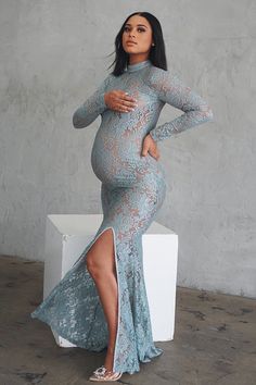 Toni gown from Chic Bump Club White Maternity Gown, Maternity Occasion Wear, Pink Maternity Gown, Pregnant Dresses, Lace Maternity Gown, Baby Shower Gown, Pastel Teal, Mimi Dress, Lace Maternity Dress