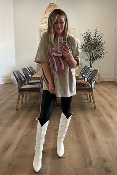 Cowboy Boots Edgy Outfit, Leggings Cowgirl Boots Outfit, Knee High Boots Outfit Country, Cowboy Boot Outfits Nashville, Black Leggings Cowboy Boots Outfit, Outfits With White Western Boots, Leather Leggings And Cowboy Boots Outfit