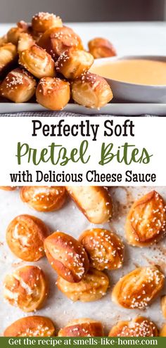 the perfect soft pretzel bites with delicious cheese sauce are ready to be eaten