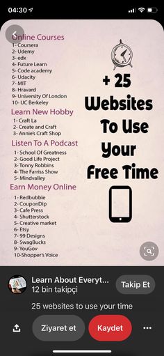 an iphone screen with the text 25 web sites to use your free time