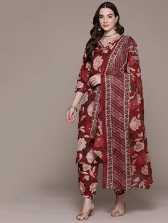 Floral Printed Thread Work Pure Cotton Kurta with Salwar & Dupatta PRODUCT DETAILS  Maroon printed Kurta with Salwar with dupatta Kurta design: Floral printed Straight shape Regular style V-neck, three-quarter regular sleeves Thread work detail Calf length with straight hem Pure cotton machine weave fabric Salwar design: Printed Salwar Elasticated waistband Drawstring closure Size & Fit Size worn by the model: 38 Chest: 32" Waist: 25'' Hips: 37'' Height: 5'8" Dupatta length: 2.25mtrDupatta width Festive Straight Kurta Set With Printed Border, Navratri Sets With Printed Border And Straight Kurta, Straight Kurta Set With Printed Border For Diwali, Diwali Straight Kurta Set With Printed Border, Navratri Georgette Sets With Printed Motifs, Festive Salwar Kameez With Printed Motifs For Puja, Festive Semi-stitched Kalamkari Print Palazzo Set, Bollywood Style Sets With Printed Border For Navratri, Georgette Churidar With Printed Motifs And Straight Kurta