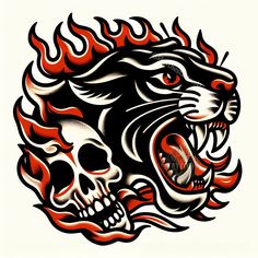 an image of a tiger head with flames on it's face and skull in the foreground