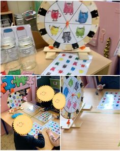 several pictures of children's crafts and activities in a room with wooden table top