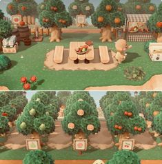 two pictures of the same area in animal crossing, one with an apple tree and another with peaches