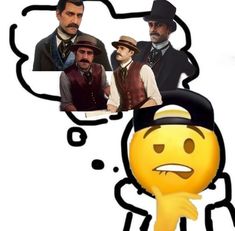 an emoticive image of two men with hats and vests, one has a thought bubble above his head