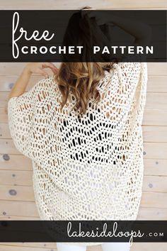 a woman wearing a crochet sweater with text overlay that reads free crochet pattern