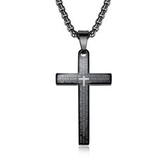 Men's Christian Necklace Lord's Prayer (Black) Personalized Black Spiritual Necklaces, Personalized Spiritual Black Necklaces, Black Engraved Cross Pendant Necklace, Black Spiritual Jewelry For Father's Day, Spiritual Black Jewelry For Father's Day, Black Engraved Crucifix Necklace, Black Crucifix Necklace Engraved, Black Laser Engraved Jewelry For Father's Day, Father's Day Black Laser Engraved Jewelry