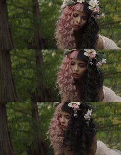 three different images of a woman with long curly hair and flowers in her hair,