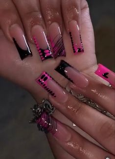 Easy Long Nail Ideas, Medium Length Freestyle Nails, Nails With D On It, Yk2 Duck Nails, Medium Long Nail Designs, Nails Freestyle Design, Pink Y2k Nails Acrylic, Pink And Black Prom Nails, Bad And Boujee Nails Medium