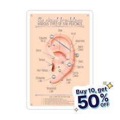 a poster with an ear labeled in the words, buy 10 get 50 % off