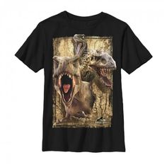 a t - shirt with an image of two dinosaurs and one is showing it's teeth