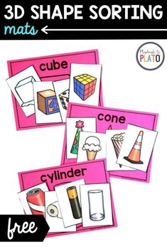 3d shape sorting mats with the words, cubes and cone on them to help students learn