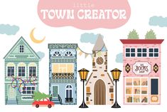 the little town creator is on display in front of a white background with pink and blue buildings