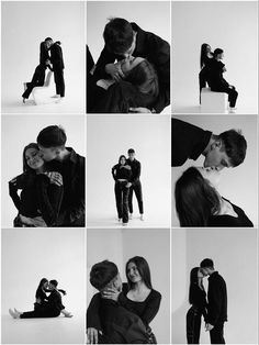 black and white photo collage of two people kissing each other with one woman leaning on the man's shoulder