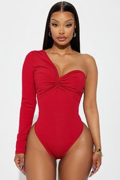 One Shoulder Bodysuit, Red Bodysuit, Cherry Bomb, Promotional Events, Twist Front, Womens Bodysuit, Red Fashion, Snap Button, Fashion Nova