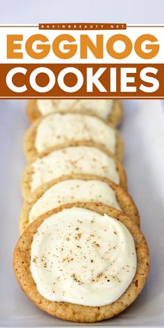 Try this easy holiday baking recipe! They're eggnog cookies topped with eggnog buttercream. This Christmas dessert idea is chewy and rich. It takes just 25 minutes to make. Sprinkle a bit of nutmeg to complete this easy Christmas cookie. Holiday Baking Recipes Easy, Eggnog Buttercream, Homemade Christmas Cookies, Easy Eggnog, Eggnog Cookies