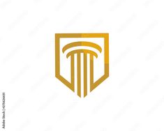 a golden shield logo with columns on the front and sides, in an abstract manner