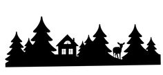 a black and white silhouette of trees with a house in the background on a white background