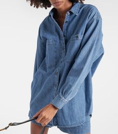 Verane denim shirt in blue - Marant Etoile | Mytheresa Madewell Fall, High Rise Denim, Suede Ankle Boots, Tunisia, Color Name, Color Names, Denim Shirt, Fashion Styles, Long Tops