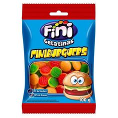 a bag of finni gummy bears with fruit on the inside, and an image of