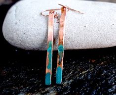 I designed our bronze earrings as a 7th anniversary gift, but they're really perfect for any occasion. Or why not just treat yourself? Our light weight earrings are forged from recycled copper and dipped in a natural solution which gives them this gorgeous verdigris patina on the ends. They are suspended from 14kt rose gold filled ear wires. The patina takes its own form making each earring unique and one of a kind, just like you!Our current processing time is 5-7 business days. This is the amou Hammered Copper Earrings For Gift, Artisan Copper Earrings For Everyday, Artisan Copper Earrings For Everyday Wear, Nature-inspired Hammered Earrings As Gift, Minimalist Electroformed Earrings For Gift, Earring Unique, 7th Anniversary Gifts, Bronze Earrings, 7th Anniversary