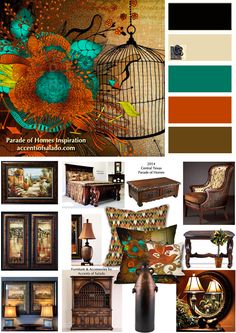 an assortment of furniture and decor items are shown in this collage, including a birdcage