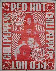 an old concert poster for the red hot chili peppers, with some pictures on it