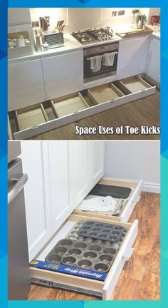 two pictures showing the same space in a kitchen, one with an open drawer and the other without